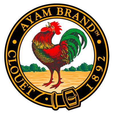 The AYAM brand logo. a black belt saying AYAM with a proud rooster in the centre. 