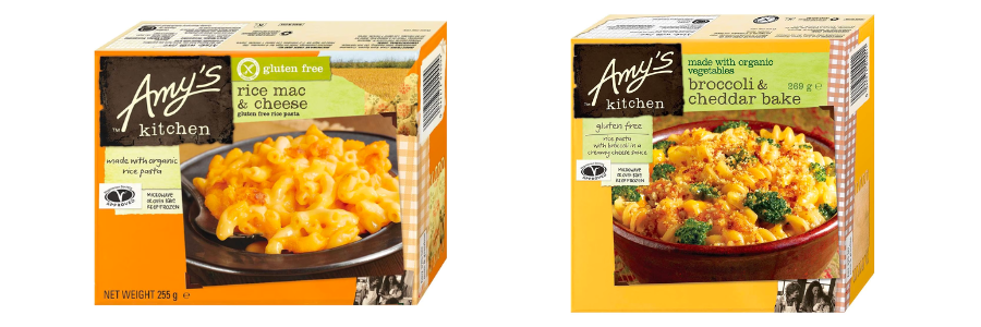 The boxes for Amy's Kitchen gf ready meals. Both boxes show big bowls of pasta and the gluten free symbol.