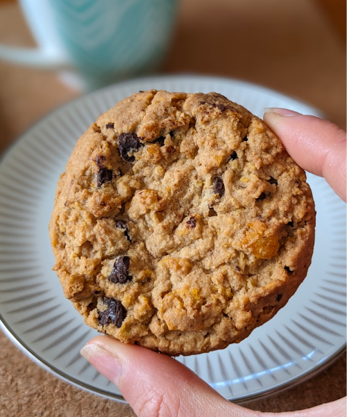 A close up photo of a cookie held between thumb and finger.