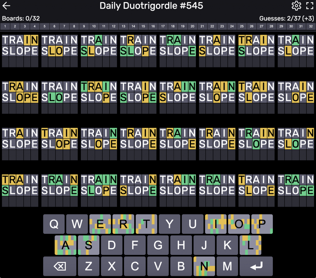 A screen grab of the game duotrigordle. Two entries have been made and there are green and yellow letters across the page.