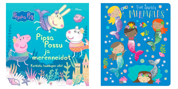 Two book covers. Pipsa Possu ja merenneidot and Five Sparkly Mermaids.