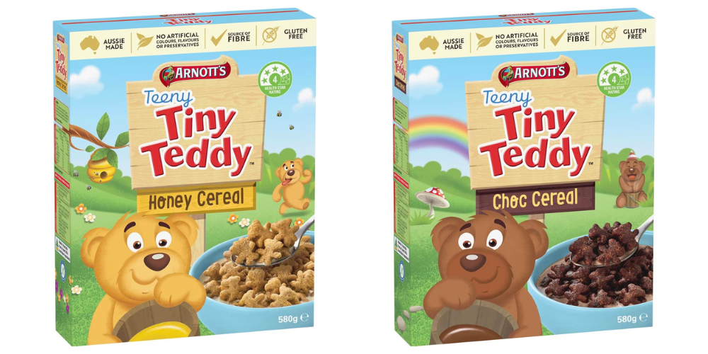 The packaging for honey and choc tiny teddy cereal. You can see the coeliac australia logo on the side of the box.