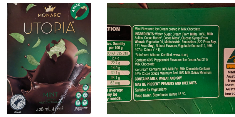 Aldi monarc mint ice cream ingredients and packaging
