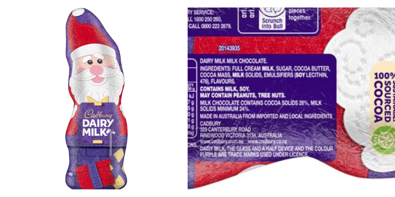 Cadbury hollow santa and ingredients label to show it is gluten free. 