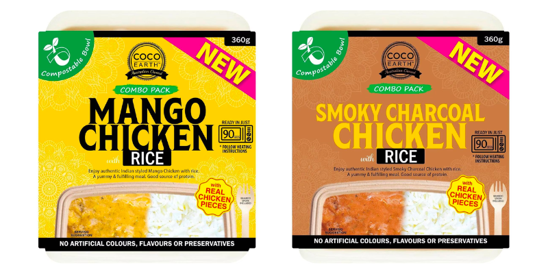 Coco earth mango chicken rice packet and smoky charcoal chicken rice packet