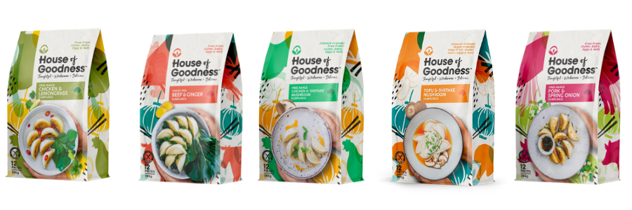 The packaging for each of the House of Goodness gluten free dumpling range.