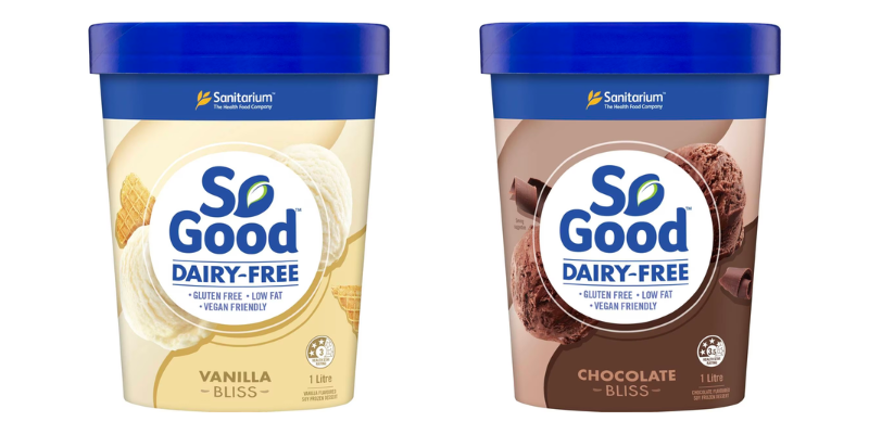 Packaging for So Good vanilla and chocolate ice cream. on the front it says gluten free, dairy free, vegan friendly