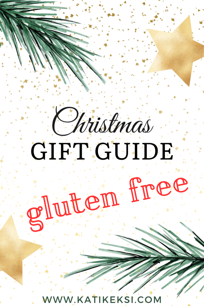 Text: Christmas gift guide gluten free. Images of spruce branches and gold stars.