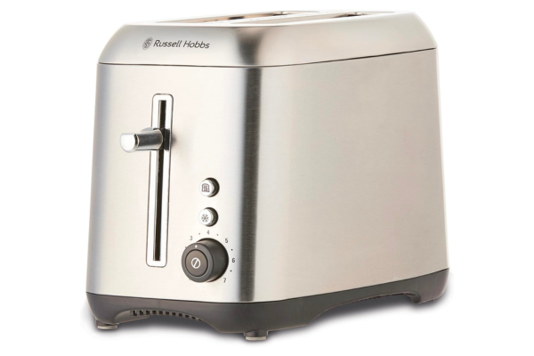A silver Russell Hobbs toaster.