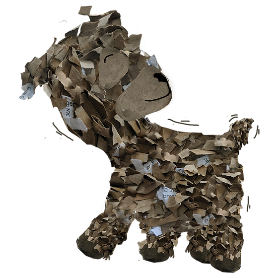 A yak made of pieces of shredded brown paper