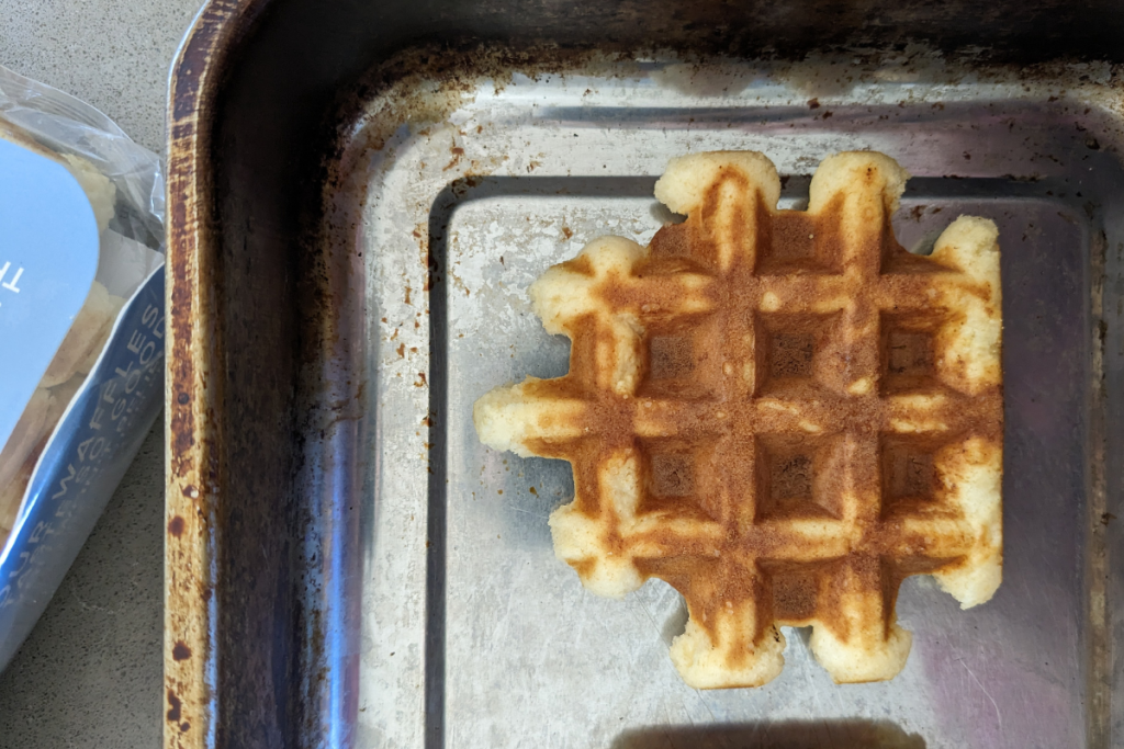 A waffle in a baking tray. 
