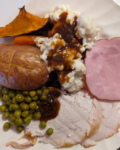 A plate of typical English Christmas food.