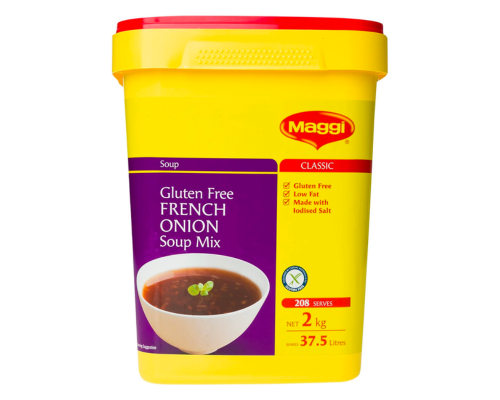 Tub of Maggi gluten free French onion soup mix.