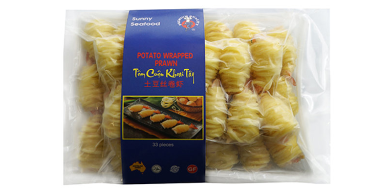 Packaging for potato wrapped prawns