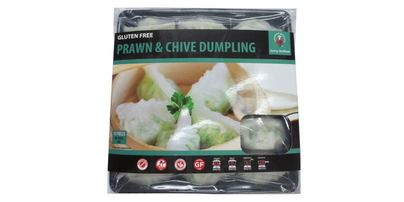 Packaging for Sunny Seafood gluten free prawn and chive dumpling.