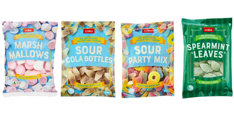 Packaging of Coles brand lollies, marshmallows, sour cola bottles, sour party mix, spearmint leaves.