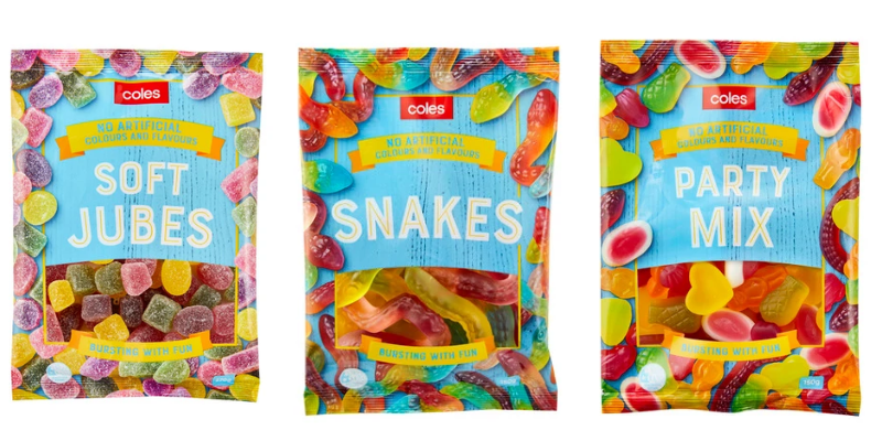 Packaging of Coles brand lollies, soft jubes, snakes and party mix.