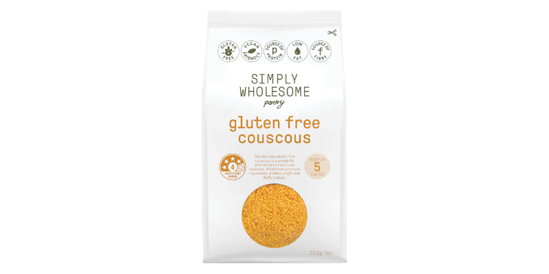 Bag of Simply Wholesome couscous with gluten free written clearly on the front.