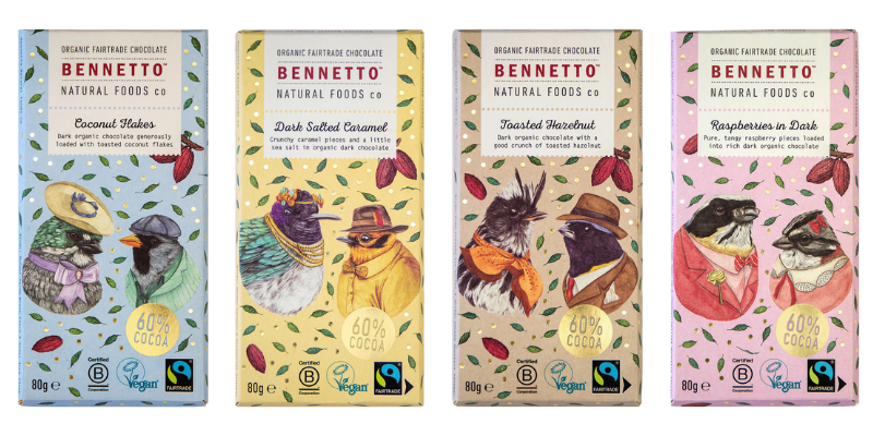 Four blocks of Bennetto chocolate all four have stylish birds in suits and are labelled B Corp and Vegan.