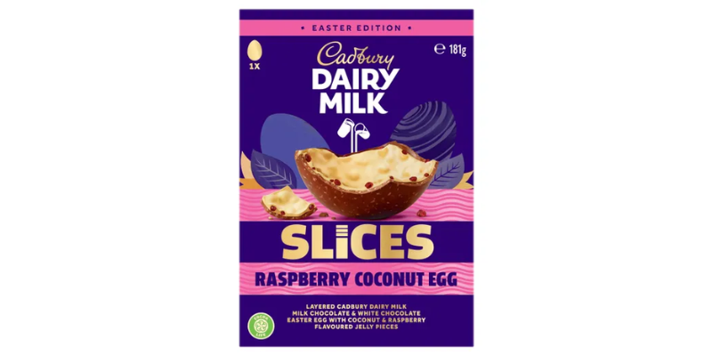 Box of Cadbury slices raspberry coconut egg. Image shows an interior of white chocolate and exterior of milk chocolate.