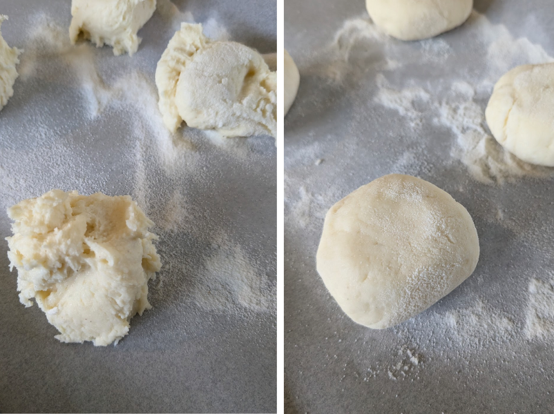 Two photos. One with rough balls of dough, the other with smooth balls.