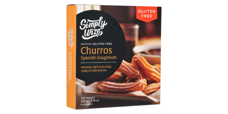 Packaging for Simply Wize gluten free Spanish doughnuts.