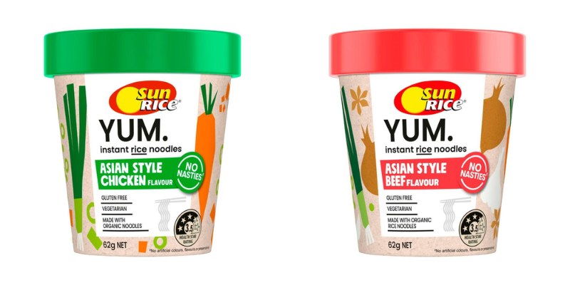 Packaging for sunrice instant noodles. Green lidded container for chicken, red lid for beef.