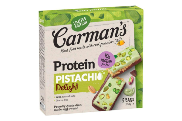 Packaging for Carman's protein pistachio bars, small writing says gluten free on the front.