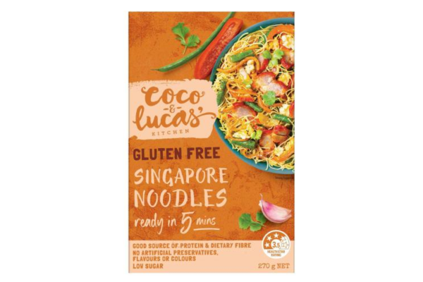 Packaging for Coco & Lucas gluten free Singapore noodles.