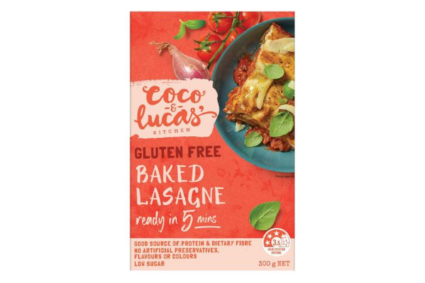 Packaging for Coco & Lucas gluten free lasagne.