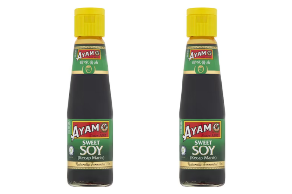 Two bottles of Ayam kecap manis, the Coeliac Australia gluten free symbol can be seen on the left of each bottle.